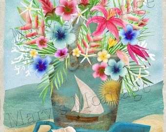 Coastal Flowers in sand pail 8x10 printable download