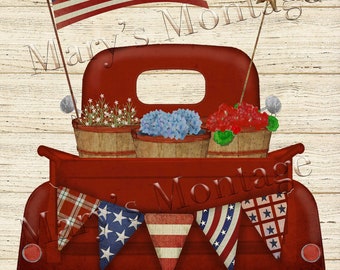 Patriotic Red Truck, printable download, 8x10