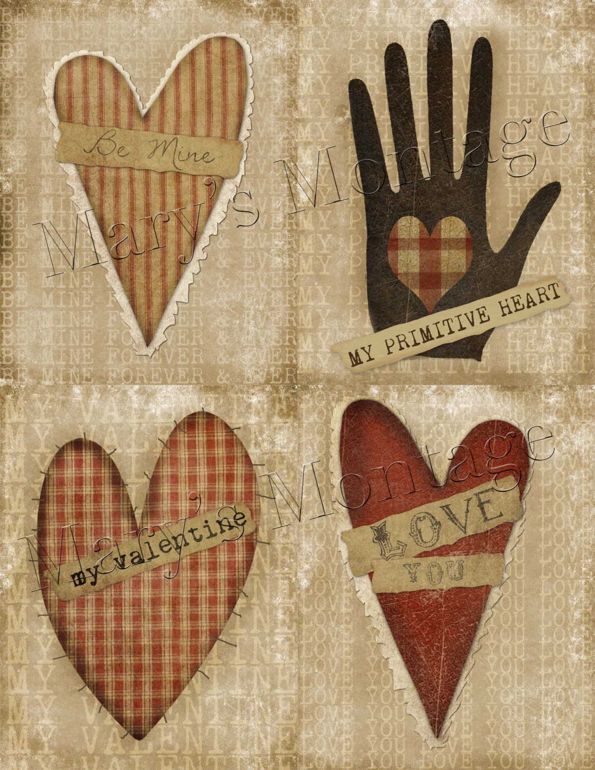 Buy Primitive Hearts Valentine Card Making Download Print Online ...