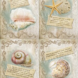 May include: Four vintage-style cards with seashells and starfish on a light blue background. Each card features a different quote about the sea and nature. The quotes are by e.e. cummings, Henry Wadsworth Longfellow, Isaac Newton, and Psalm 110:114.