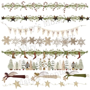 Peut inclure: Un ensemble d'images clipart numériques représentant divers motifs sur le thème de Noël. Les images comprennent une guirlande de cannes en sucre et de verdure, une guirlande d'étoiles et de verdure, une bannière avec les mots "Joyeux Noël", une rangée de flocons de neige, une guirlande de chaussettes et de verdure, une rangée de petits sapins de Noël, deux anges avec des étoiles et une guirlande d'étoiles.