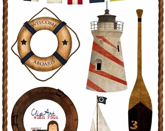 May include: A set of nautical themed digital clipart images. The set includes a life preserver, a lighthouse, a sailboat, a wooden oar, and a porthole. The images are in a vintage style with a distressed look.