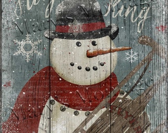 May include: A vintage-style Christmas sign with a snowman holding a sled. The sign is made of wood and has a distressed look. The text on the sign reads "Sleigh Bells Ring Merry Xmas".
