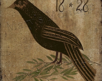 May include: A vintage-style illustration of a black bird perched on a branch with green leaves. The background is a textured brown with the text "18 * 28 Mary's Montage" in black.