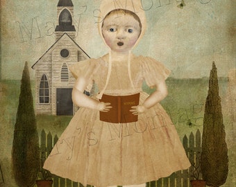 May include: A young girl in a white bonnet and a long, beige dress stands in front of a white church with a steeple. She is holding a brown book with the word "HYMNS" on the cover. The scene is set against a green grassy field with two small evergreen trees on either side of the girl.