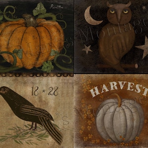Op de afbeelding: Vier schilderijen in vintage-stijl met herfst- en Halloween-thema's. Eén toont een oranje pompoen met wijnranken, een ander een uil met een maan en sterren, een derde een kraai en de laatste een witte pompoen met het woord "HARVEST".