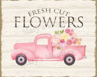 Fresh Cut Flowers, pink truck, 8x10, printable, digital download