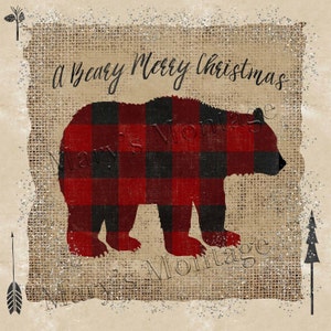 A Beary Merry Christmas, Printable download, buffalo check, lodge, 2 sizes