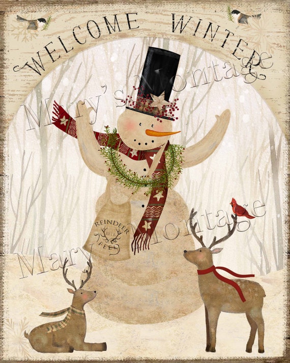 Prim Farmhouse Vintage PRINT 8x10 Mary Albert Welcome Winter Snowman Christmas