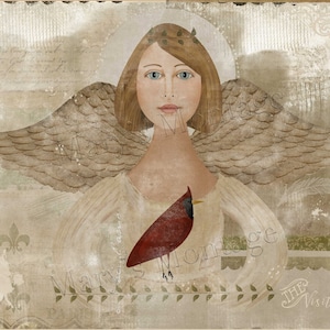 The Visitor, Angel, red bird, Digital collage, FolkArt, download, printable, 8x10