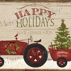 Tractor Christmas, Happy Holidays, 8 x 10 printable download and PNG file