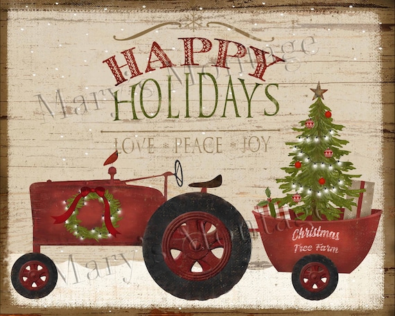 Primitive Farmhouse Vintage PRINT ONLY 8x10 Christmas Traditions Red Truck Snow