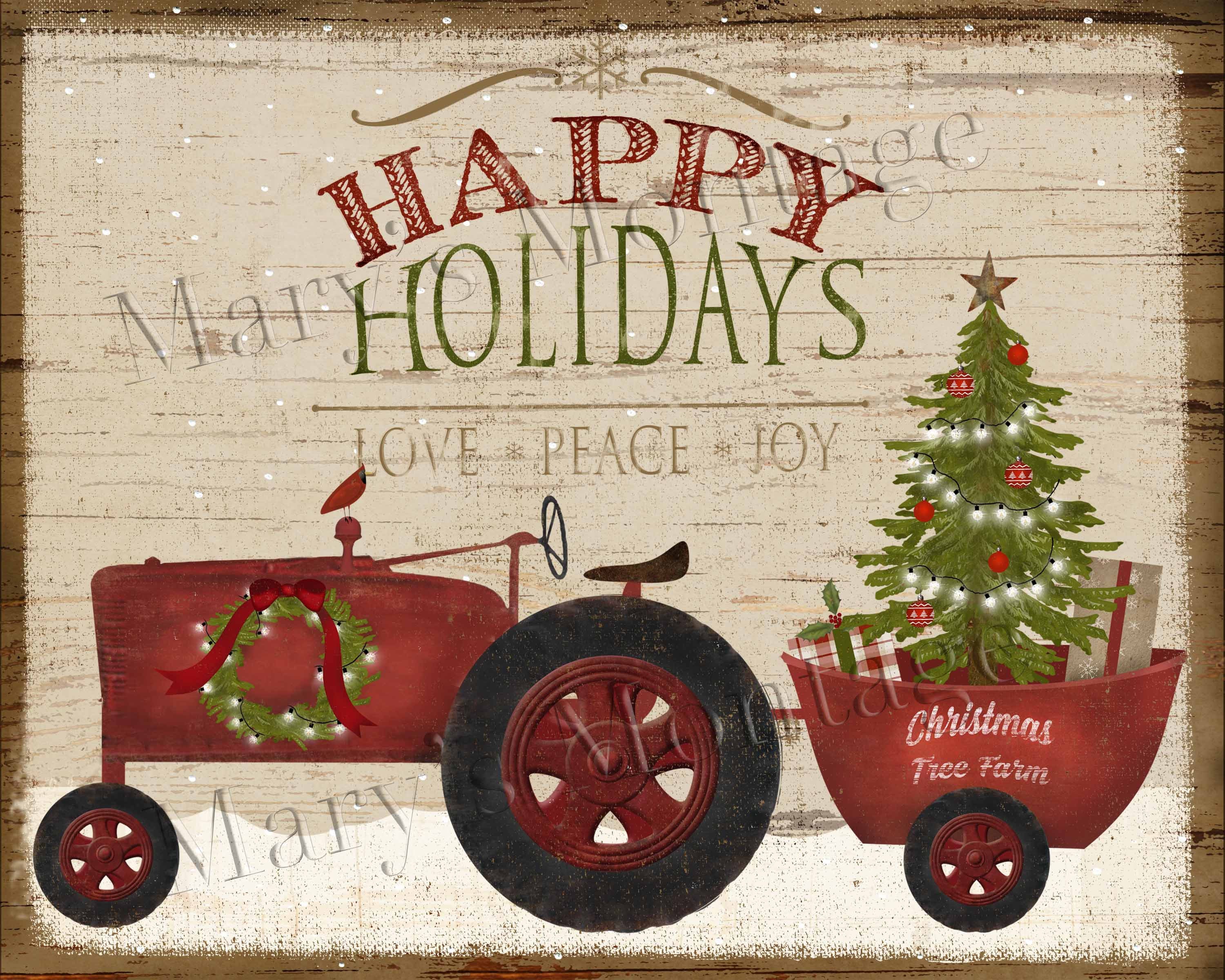 Tractor Christmas Happy Holidays 8 x 10 printable download Etsy