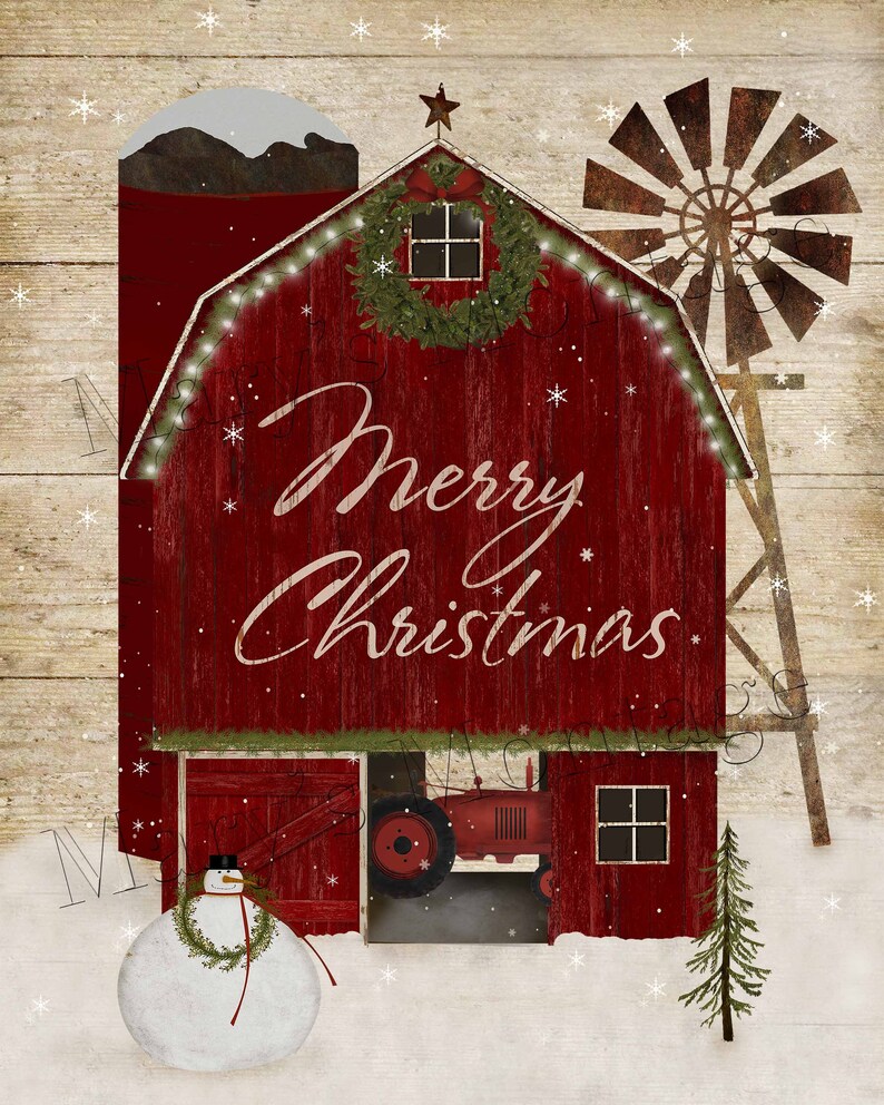 May include: A red barn with a wreath on the door and a tractor inside. The barn has a sign that says "Merry Christmas". There is a snowman in front of the barn and a windmill in the background.
