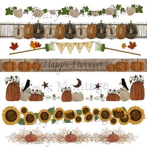 Op de afbeelding: Een verzameling digitale afbeeldingen met herfstthema's, met pompoenen, zonnebloemen en herfstbladeren. De ontwerpen omvatten banners met de woorden "FALL" en "Happy Harvest", samen met decoratieve elementen zoals harken en kraaien.