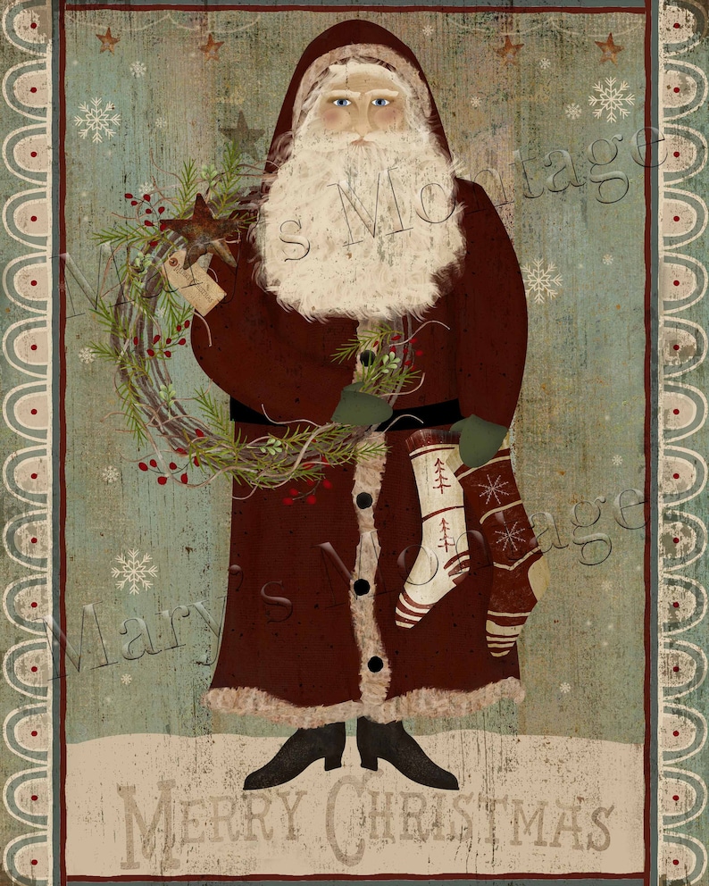 K&ouml;nnte beinhalten: Eine Weihnachtsillustration im Vintage-Stil mit einem fr&ouml;hlichen Weihnachtsmann, der einen Kranz mit roten Beeren und einen Strumpf h&auml;lt. Der Hintergrund ist hellblau mit Schneeflocken und Sternen. Der Text "Frohe Weihnachten" befindet sich am unteren Rand des Bildes.
