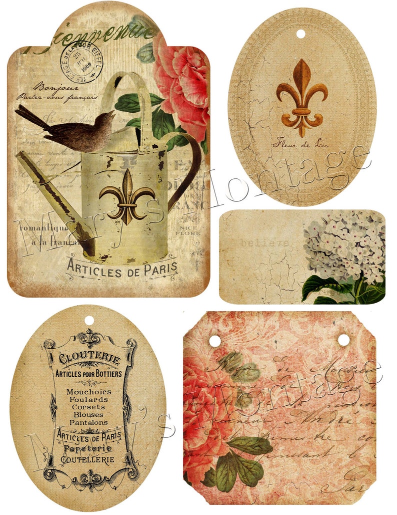 May include: Five vintage style gift tags with floral designs and text. The tags are in various shapes and sizes, including a rectangle, oval, and square. The tags feature a watering can, a fleur-de-lis, a bouquet of flowers, and a floral pattern. The text on the tags includes "Articles de Paris", "Clouterie", "Fleur de Lis", "Believe", and "Nice Flore".