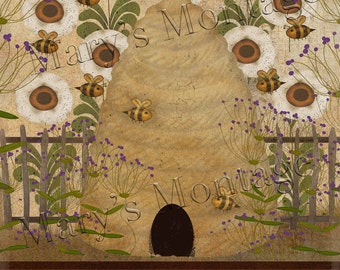 Bee Happy, Bee skep art, Primitive, printable download, 8x10