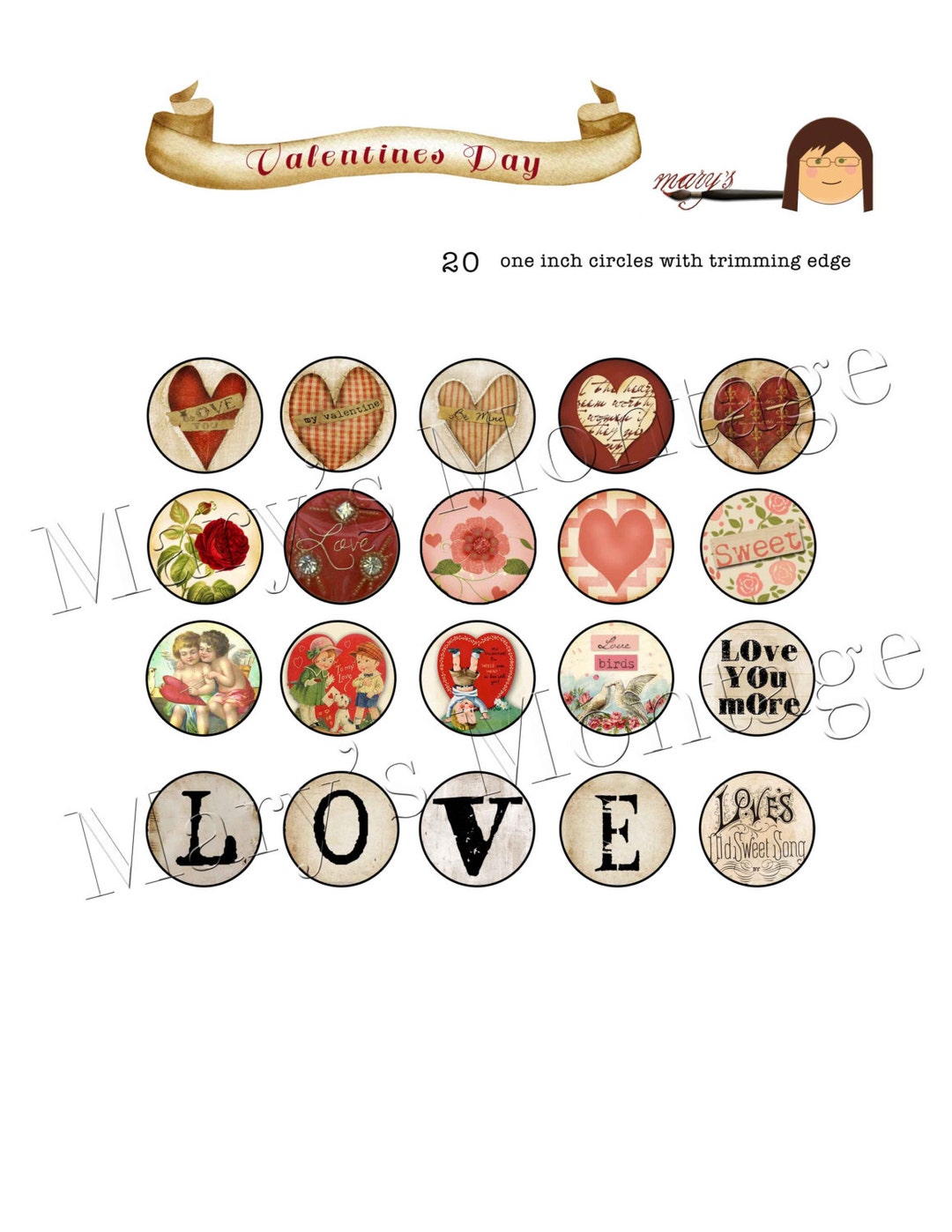 Valentine 1 Inch Circles, Download, Print, Digital Collage Sheet - Etsy