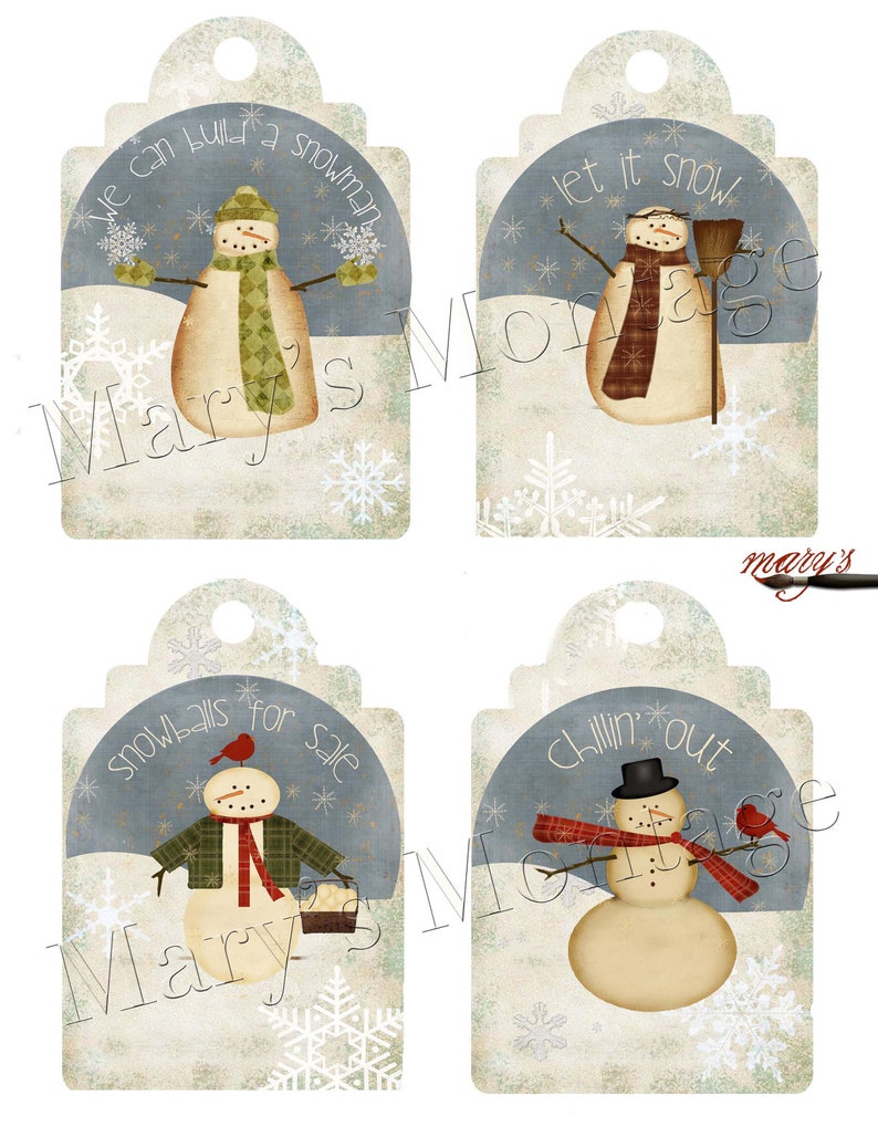 Snowman Tags, large 4 on 8.5 x 11 sheet, download & print image 1