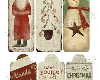 May include: Six vintage Christmas themed gift tags with a rustic, distressed look. The tags feature images of Santa Claus, a Christmas tree, a snowman, candy canes, a Christmas tree, and a sign that says "Fresh Cut Christmas Trees".