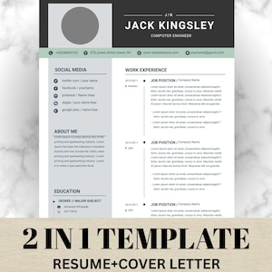 May include: A professional resume template with a dark gray header featuring the name "Jack Kingsley" and the title "Computer Engineer." The template includes sections for social media, work experience, and education. The text "2 IN 1 TEMPLATE RESUME+COVER LETTER" is at the bottom.
