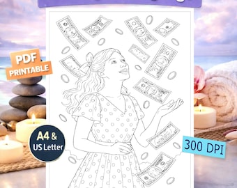 Può includere: Pagina da colorare in bianco e nero intitolata "Relaxing Coloring Page". L'immagine presenta una donna che guarda in alto i soldi che cadono. La pagina include il testo "PDF Printable", "A4 & US Letter", "300 DPI" e "Instant download".