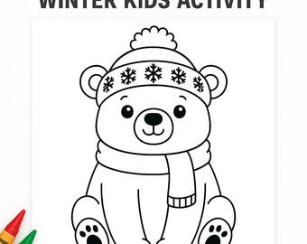 Página para colorear de oso polar imprimible • Hoja para colorear de invierno para niños • Lindo PDF para colorear navideño • Actividad navideña • Descarga instantánea