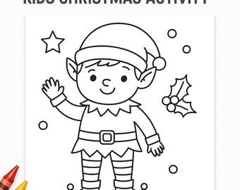 Página para colorear de elfo imprimible • Hoja para colorear navideña para niños • Lindo PDF para colorear navideño • Actividad navideña para niños • Descarga instantánea