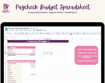 Hoja de cálculo de presupuesto simple para nómina / Plantilla de Hojas de cálculo de Google / Planificador de presupuesto quincenal / Rastreador de fondos de amortización / Apto para principiantes