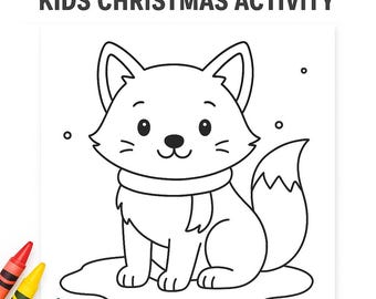 Página para colorear de zorro de nieve imprimible • Hoja para colorear de animales de invierno para niños • Lindo PDF para colorear navideño • Actividad festiva • Descarga instantánea