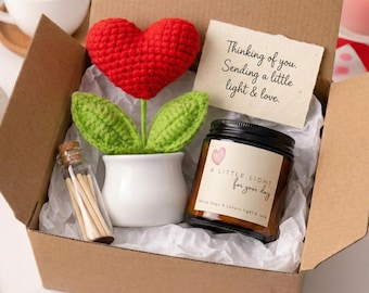 Thinking of You Gift Set - Handmade Crochet Heart & Candle - Long Distance Care Package