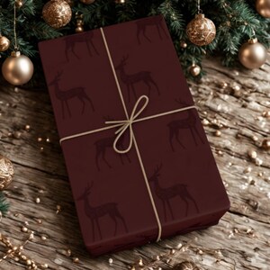 Elegant Reindeer Burgundy Maroon Christmas Wrapping Paper | Maroon Deer | Vintage Charming Gift Wrap | Luxury Holiday Gift Wrap | image 9