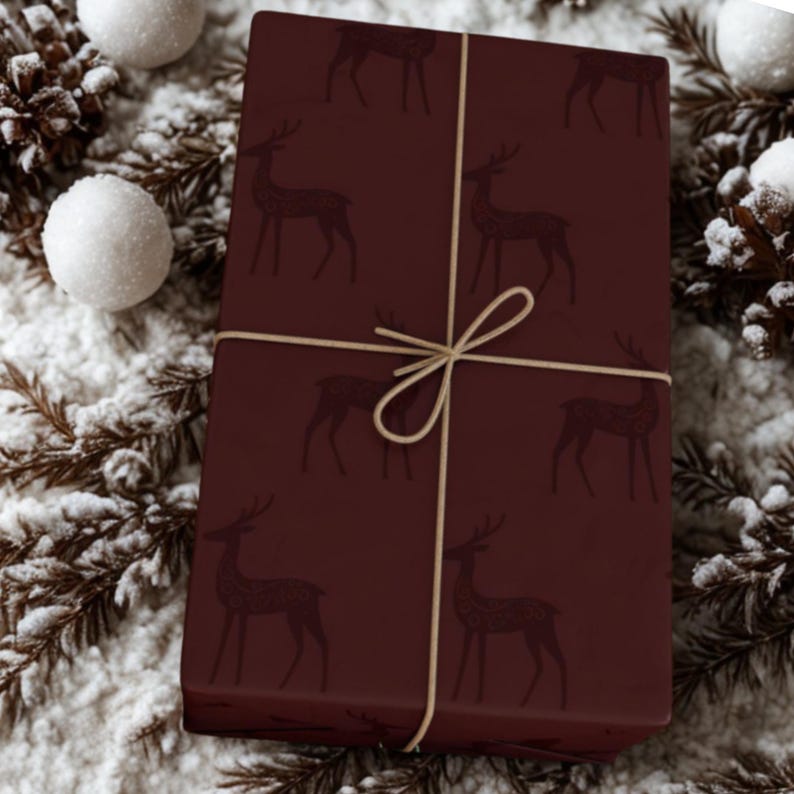 Elegant Reindeer Burgundy Maroon Christmas Wrapping Paper | Maroon Deer | Vintage Charming Gift Wrap | Luxury Holiday Gift Wrap | image 10