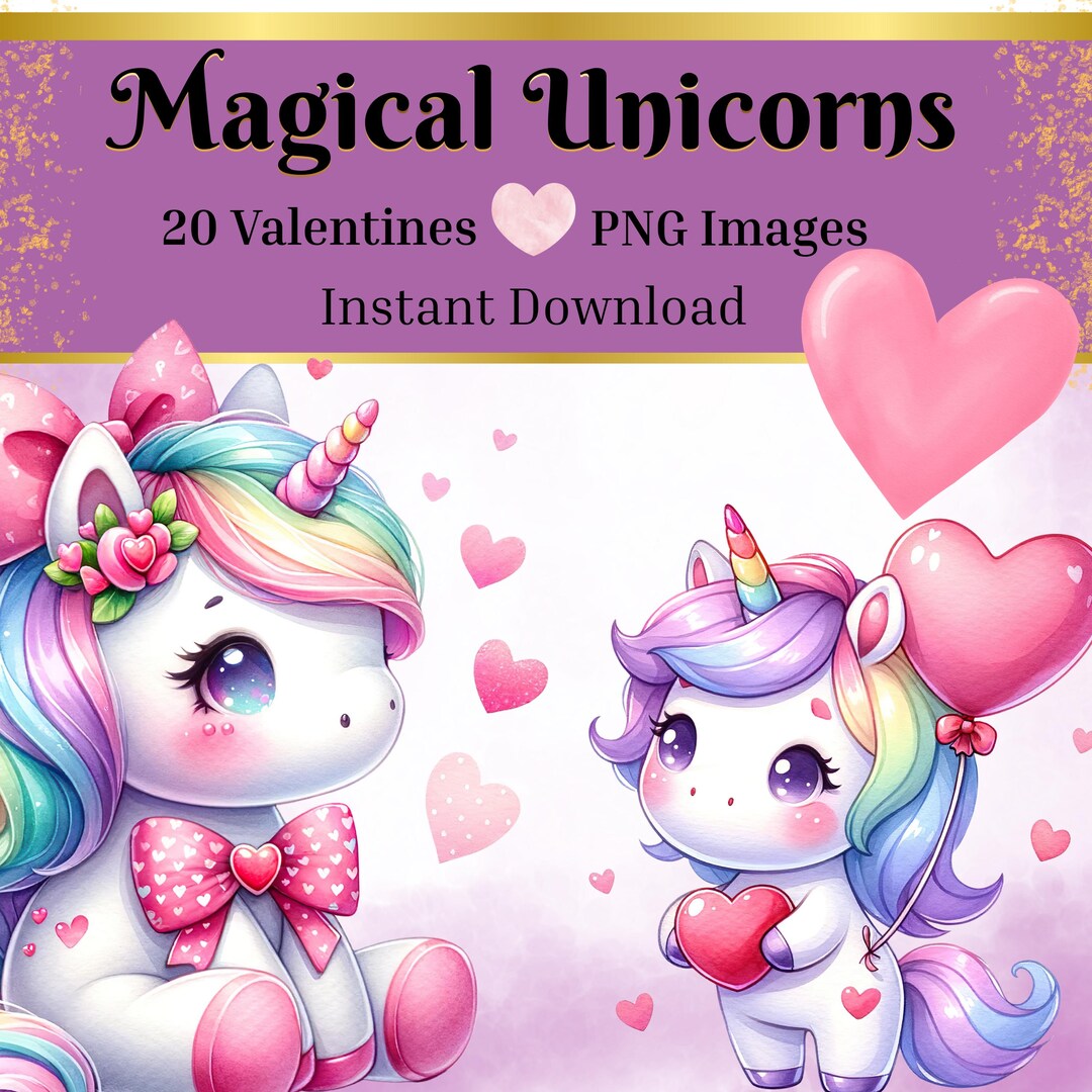 Magical Valentines Unicorn PNG Bundle – Cute Kawaii Unicorn Clipart ...