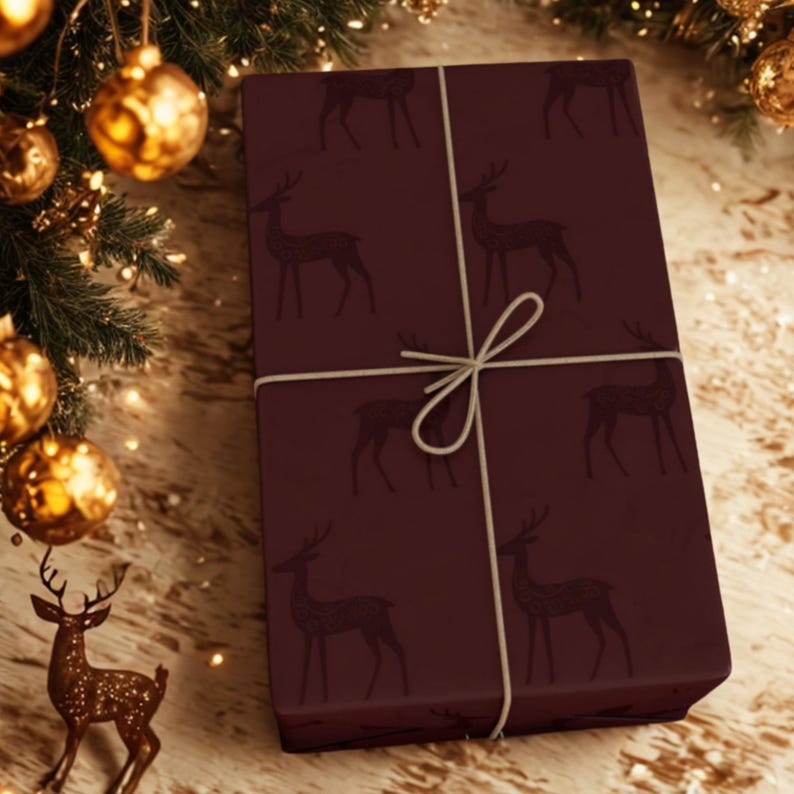 Elegant Reindeer Burgundy Maroon Christmas Wrapping Paper | Maroon Deer | Vintage Charming Gift Wrap | Luxury Holiday Gift Wrap | image 5