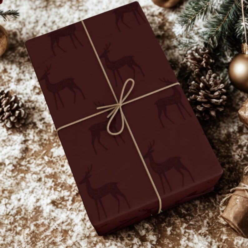 Elegant Reindeer Burgundy Maroon Christmas Wrapping Paper | Maroon Deer | Vintage Charming Gift Wrap | Luxury Holiday Gift Wrap | image 6