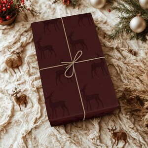 Elegant Reindeer Burgundy Maroon Christmas Wrapping Paper | Maroon Deer | Vintage Charming Gift Wrap | Luxury Holiday Gift Wrap | image 8