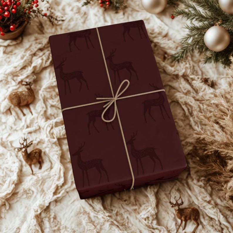 Elegant Reindeer Burgundy Maroon Christmas Wrapping Paper | Maroon Deer | Vintage Charming Gift Wrap | Luxury Holiday Gift Wrap | image 8