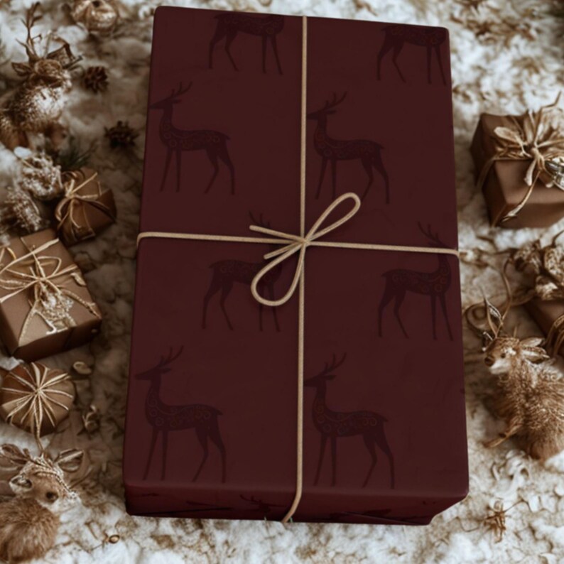 Elegant Reindeer Burgundy Maroon Christmas Wrapping Paper | Maroon Deer | Vintage Charming Gift Wrap | Luxury Holiday Gift Wrap | image 3