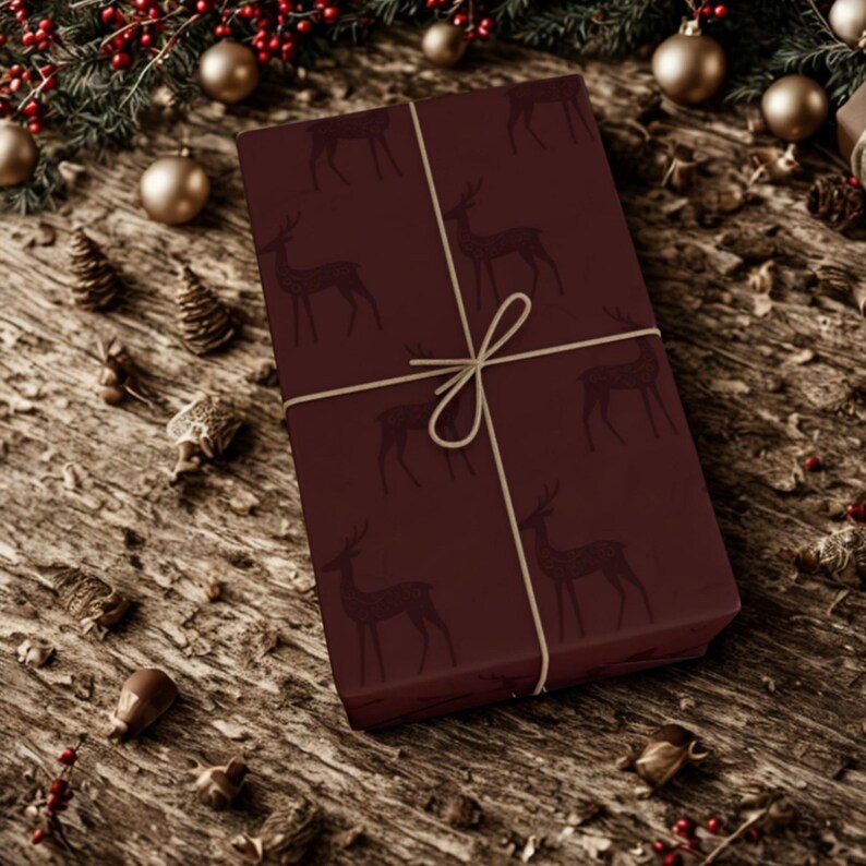 Elegant Reindeer Burgundy Maroon Christmas Wrapping Paper | Maroon Deer | Vintage Charming Gift Wrap | Luxury Holiday Gift Wrap | image 4