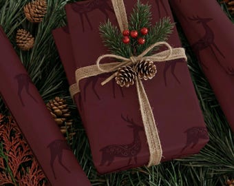 Burgundy Reindeer Wrapping Paper - Maroon Deer Luxury Gift Wrap - Elegant Holiday Decor