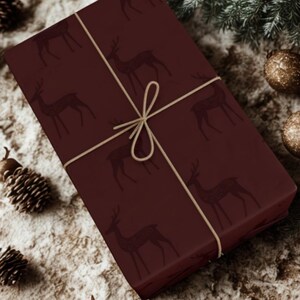 Elegant Reindeer Burgundy Maroon Christmas Wrapping Paper | Maroon Deer | Vintage Charming Gift Wrap | Luxury Holiday Gift Wrap | image 7