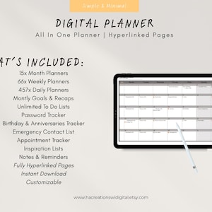 May include: Digital planner with a black tablet displaying a calendar layout. The image includes a list of features: monthly, weekly, and daily planners, goal tracking, to-do lists, password tracker, and more. The text reads "DIGITAL PLANNER" and "All In One Planner | Hyperlinked Pages."