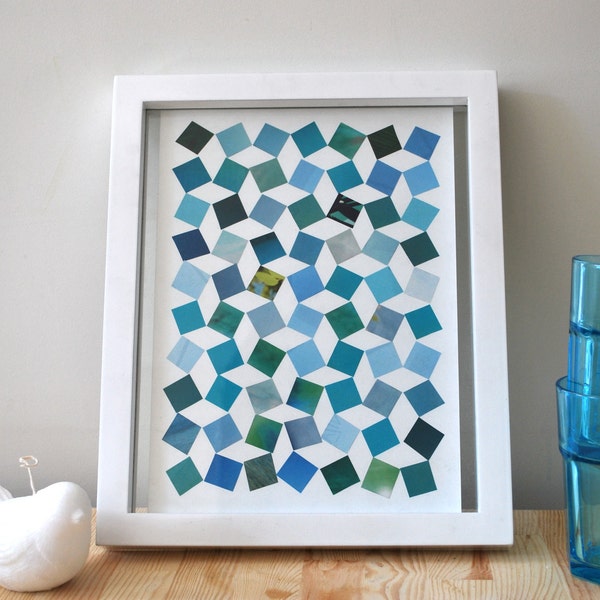 Geometric art collage pattern in blue, green, turquoise, teal and aqua, handmade geometric art