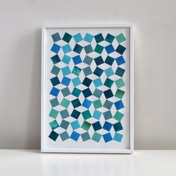 Handmade collage, aquamarine, teal, turquoise blue and green geometric art.