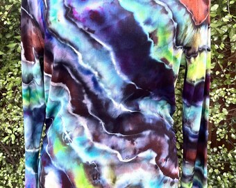 Camisa de mujer talla M - Estampado tie-dye (pieza única) con mangas acampanadas y escote barco - Acanalada - Fruncido en los laterales