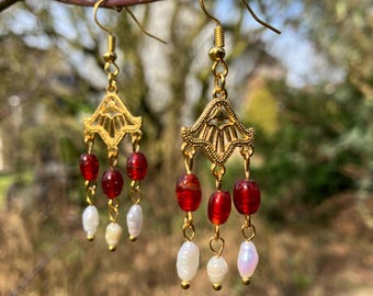 Roman-inspired earrings with antique glass beads and freshwater pearls. Roman Empire. Roman jewelry.