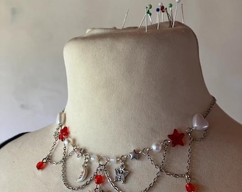 Crimson Starlight Charm Choker Link Chain Y2K Emo Alternative Fairy Kei