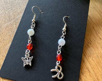 Crimson Starlight Earrings – Drop earrings with butterfly & bow, red-white-silver, romantic